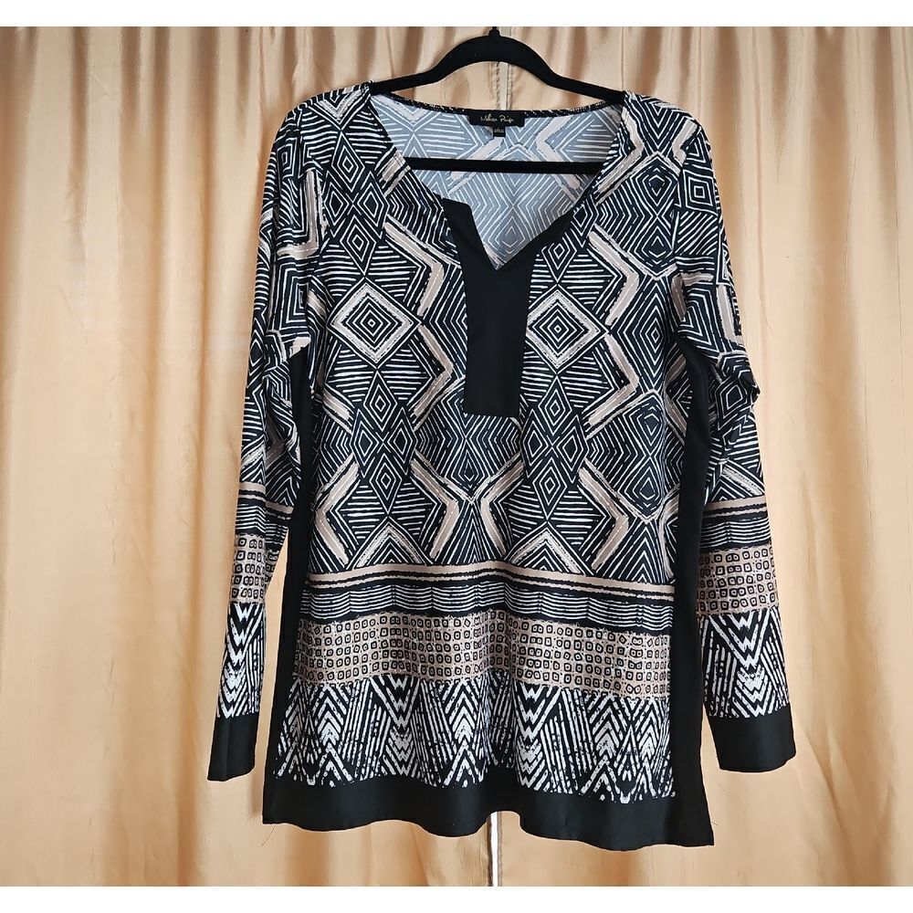 Melissa Paige Geometric Black, Tan, and White Women's Blouse Top